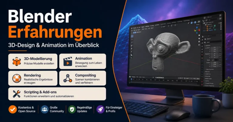 Beitragsbild zu Blender Erfahrungen mit dem Titel „Blender Erfahrungen“, der Unterzeile „3D-Design & Animation im Überblick“, Funktionskarten zu 3D-Modellierung, Animation, Rendering, Compositing sowie Scripting und Add-ons und einer stilisierten 3D-Arbeitsoberfläche