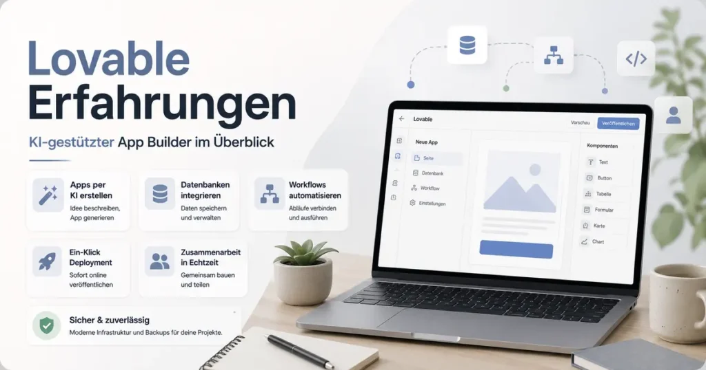 Lovable Erfahrungen mit der Unterzeile KI-gestützter App Builder im Überblick, links mit Funktionskarten zu Apps per KI erstellen, Datenbanken integrieren, Workflows automatisieren, Ein-Klick Deployment und Zusammenarbeit in Echtzeit, rechts mit Laptop und stilisierter Lovable-Oberfläche auf einem Schreibtisch