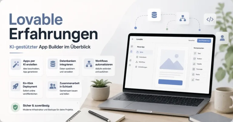 Lovable Erfahrungen mit der Unterzeile KI-gestützter App Builder im Überblick, links mit Funktionskarten zu Apps per KI erstellen, Datenbanken integrieren, Workflows automatisieren, Ein-Klick Deployment und Zusammenarbeit in Echtzeit, rechts mit Laptop und stilisierter Lovable-Oberfläche auf einem Schreibtisch