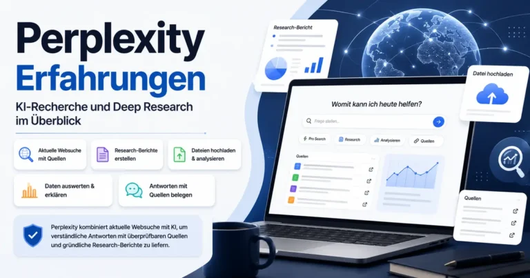 Beitragsbild mit dem Titel „Perplexity Erfahrungen“, fünf Funktionskarten zu Websuche, Research-Berichten, Datei- und Datenanalyse sowie einer stilisierten Rechercheoberfläche auf einem Laptop vor einer vernetzten Weltkugel.