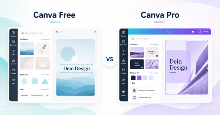 Vergleich von Canva Free und Canva Pro mit zwei abstrahierten Design-Oberflächen und visuellem VS in der Mitte