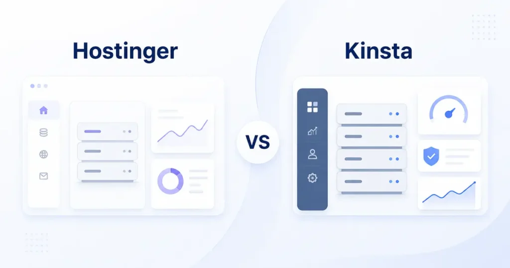 Vergleich von Hostinger und Kinsta mit abstrahierten Hosting-Dashboards, Servern und Performance-Anzeigen