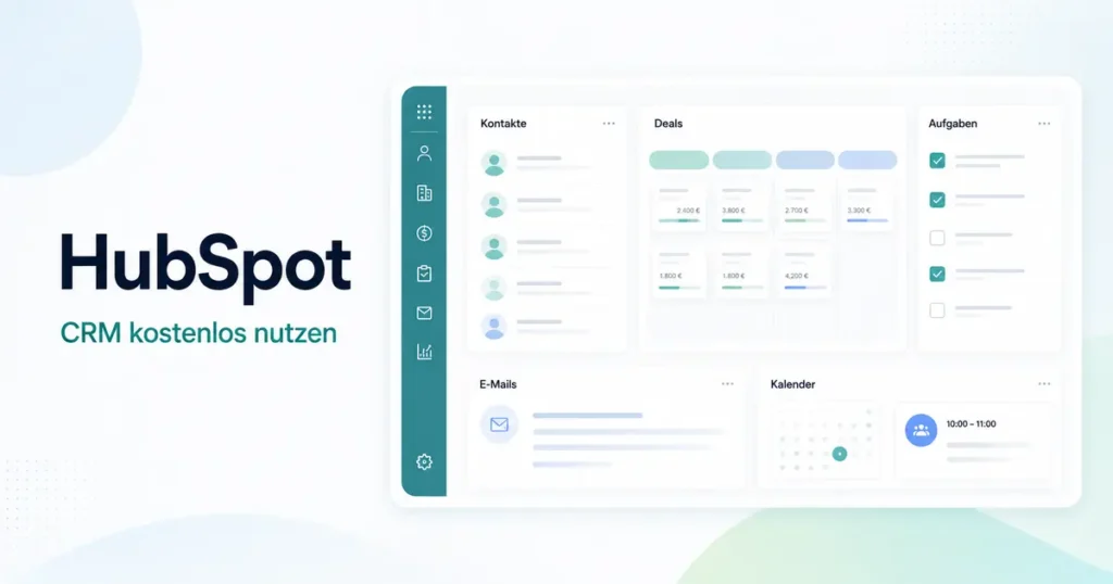 Abstrahiertes HubSpot-CRM-Dashboard mit Kontakten, Deal-Pipeline, Aufgaben und Terminübersicht in hellen Pastellfarben