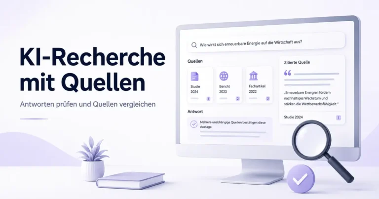 KI-Recherche mit mehreren Quellen, Quellenvergleich, Antwortprüfung und abstrahierter Rechercheoberfläche