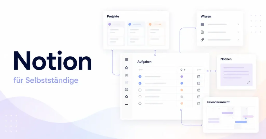 Abstrahierter Notion-Workspace für Selbstständige mit Aufgaben, Projekten, Wissensbereichen und Organisationsansichten