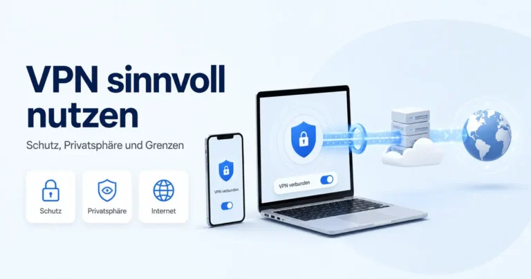 VPN-Verbindung mit Laptop, Smartphone, Server und geschütztem Datentunnel zum Internet